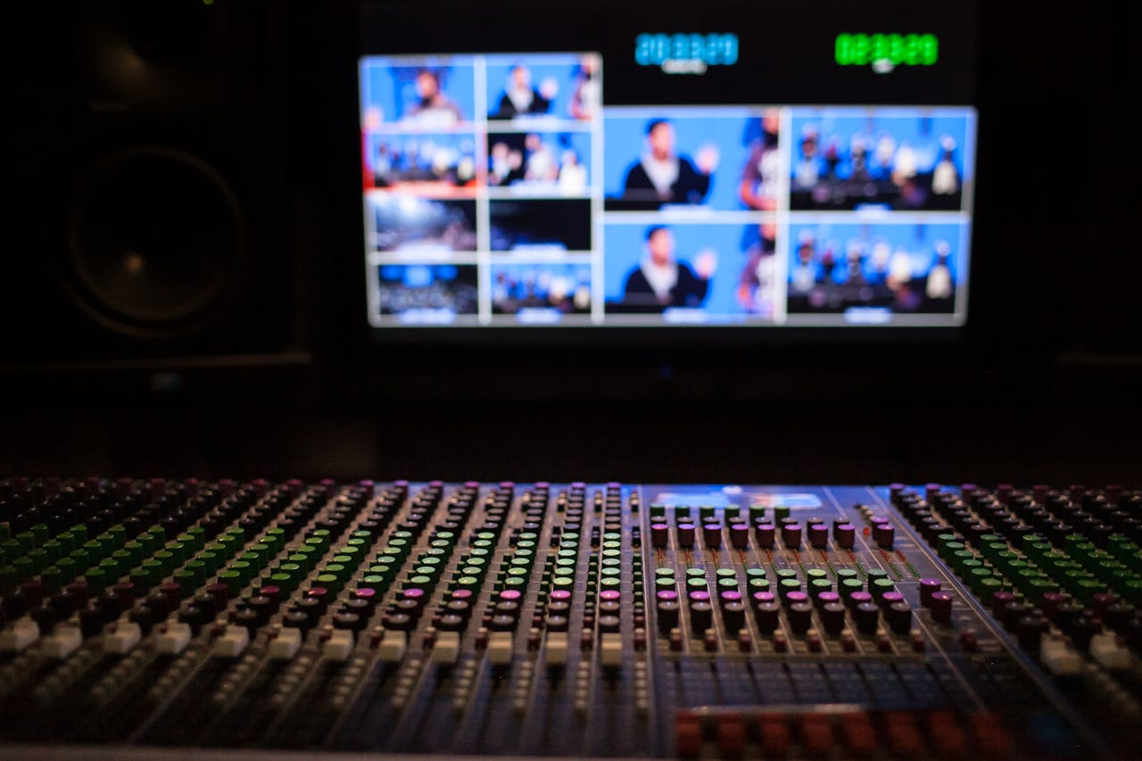 Home Close-up of a sound mixer with screens displaying video feeds in a professional studio setup.